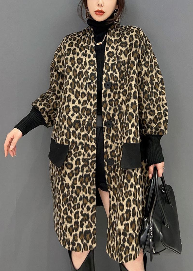 Fin Sjokolade V-halslommer Patchwork Leopard Cotton Trench Spring - Vinterfrakker for kvinner