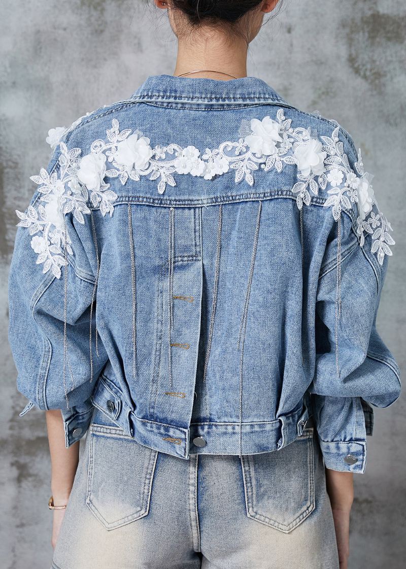 Fine Blå Dusker Patchwork Blonder Blomst Denim Korte Kåper Våren - Vinterfrakker for kvinner