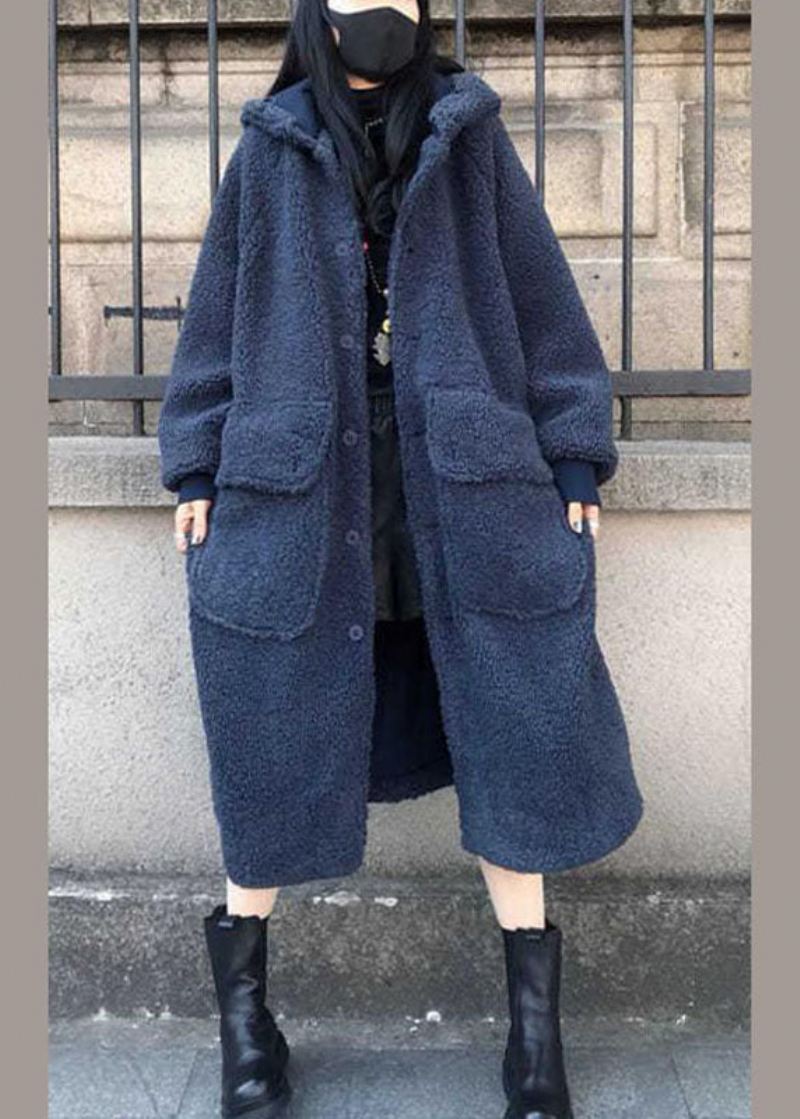 Fine Blå Hette Løs Casual Vinter Langermet Trench Coats