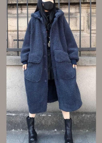 Fine Blå Hette Løs Casual Vinter Langermet Trench Coats