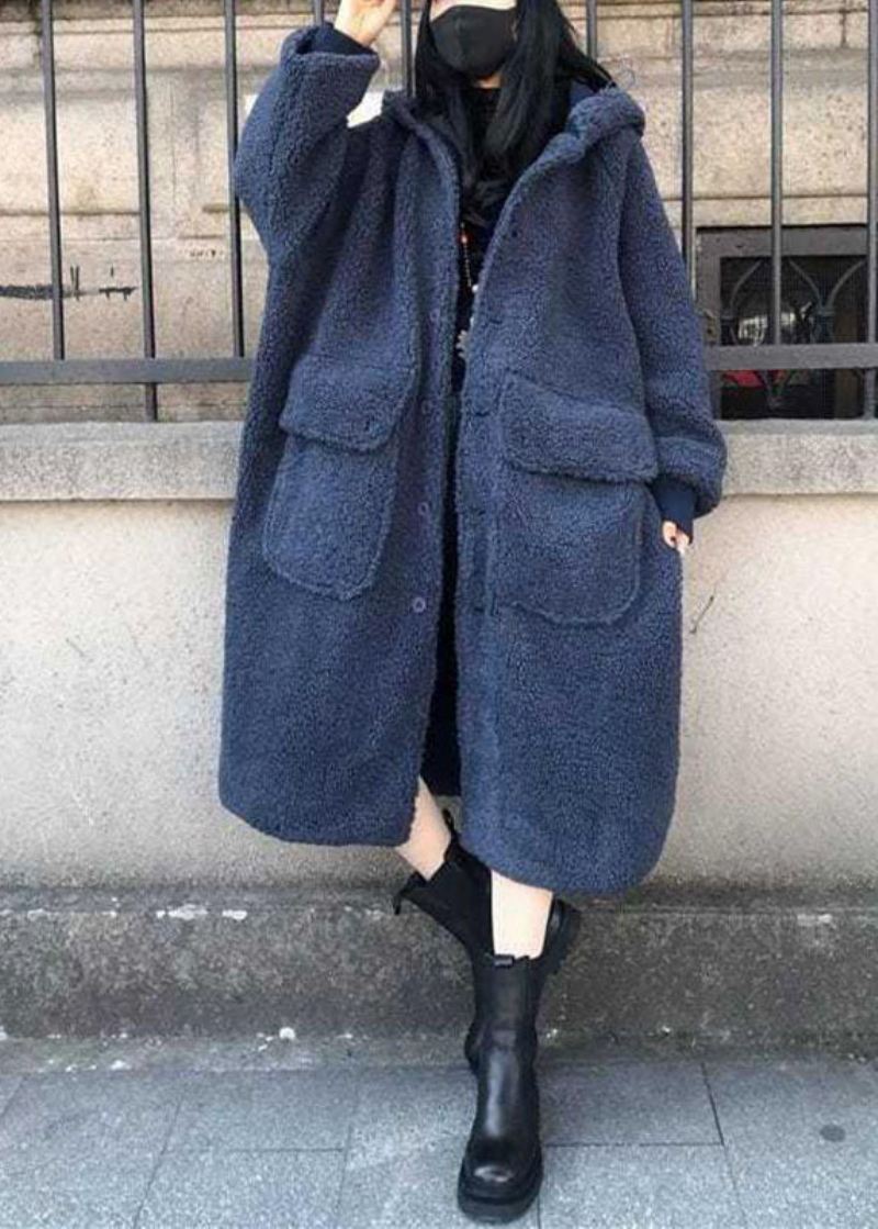 Fine Blå Hette Løs Casual Vinter Langermet Trench Coats - Vinterfrakker for kvinner