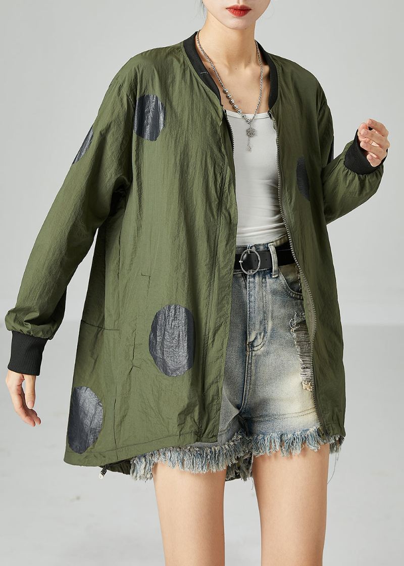 Fransk Army Green Oversized Patchwork Snøring Silk Coats Spring - Vinterfrakker for kvinner