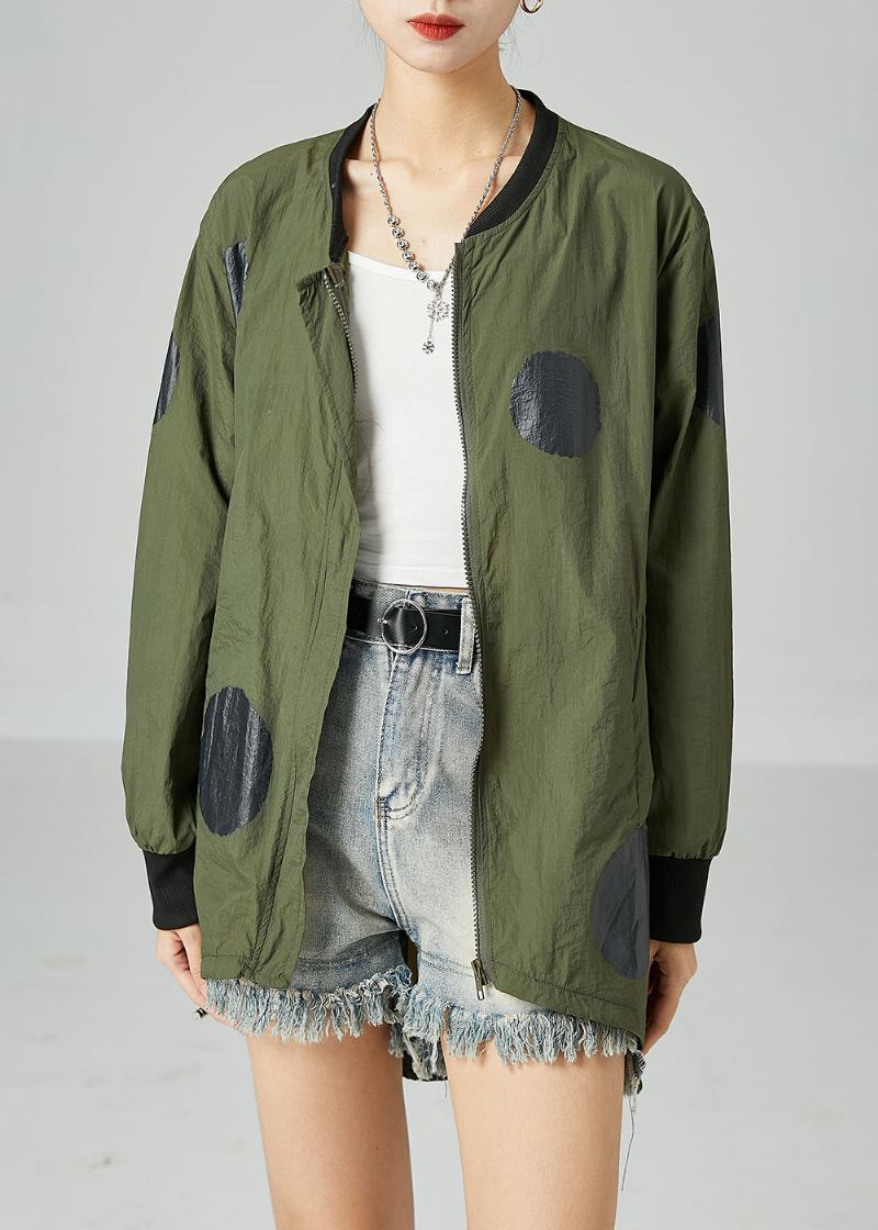 Fransk Army Green Oversized Patchwork Snøring Silk Coats Spring - Vinterfrakker for kvinner