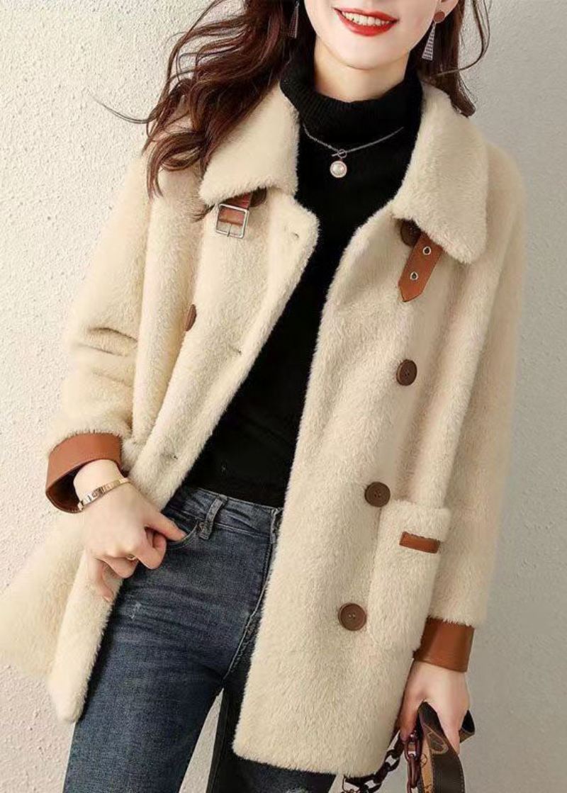 Fransk Beige Peter Pan Krage Lommer Patchwork Faux Fur Coat Fall