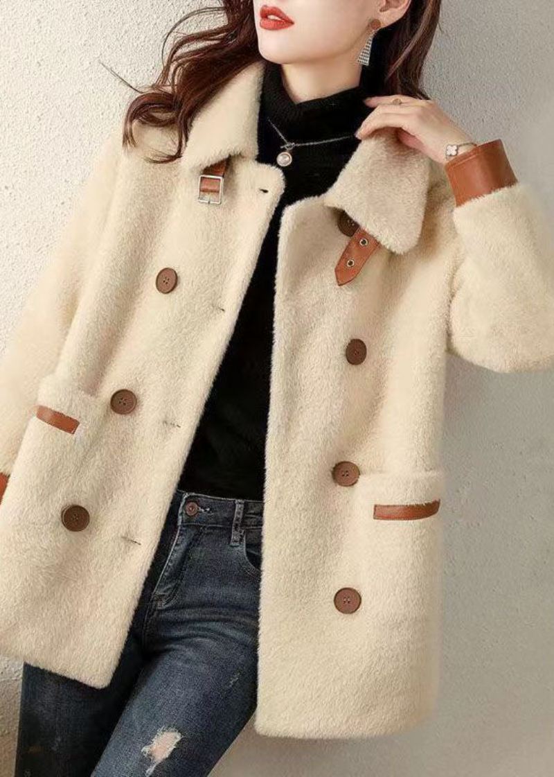 Fransk Beige Peter Pan Krage Lommer Patchwork Faux Fur Coat Fall - Vinterfrakker for kvinner