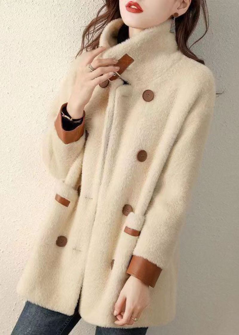 Fransk Beige Peter Pan Krage Lommer Patchwork Faux Fur Coat Fall - Vinterfrakker for kvinner