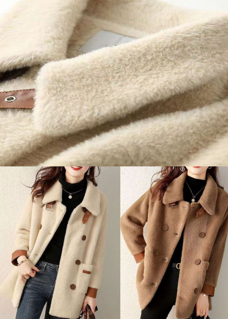 Fransk Beige Peter Pan Krage Lommer Patchwork Faux Fur Coat Fall - Vinterfrakker for kvinner