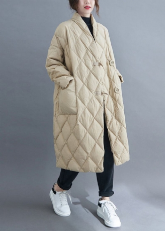 Fransk Beige V-hals Knapplommer Bomull Fylt Lang Parka Vinter