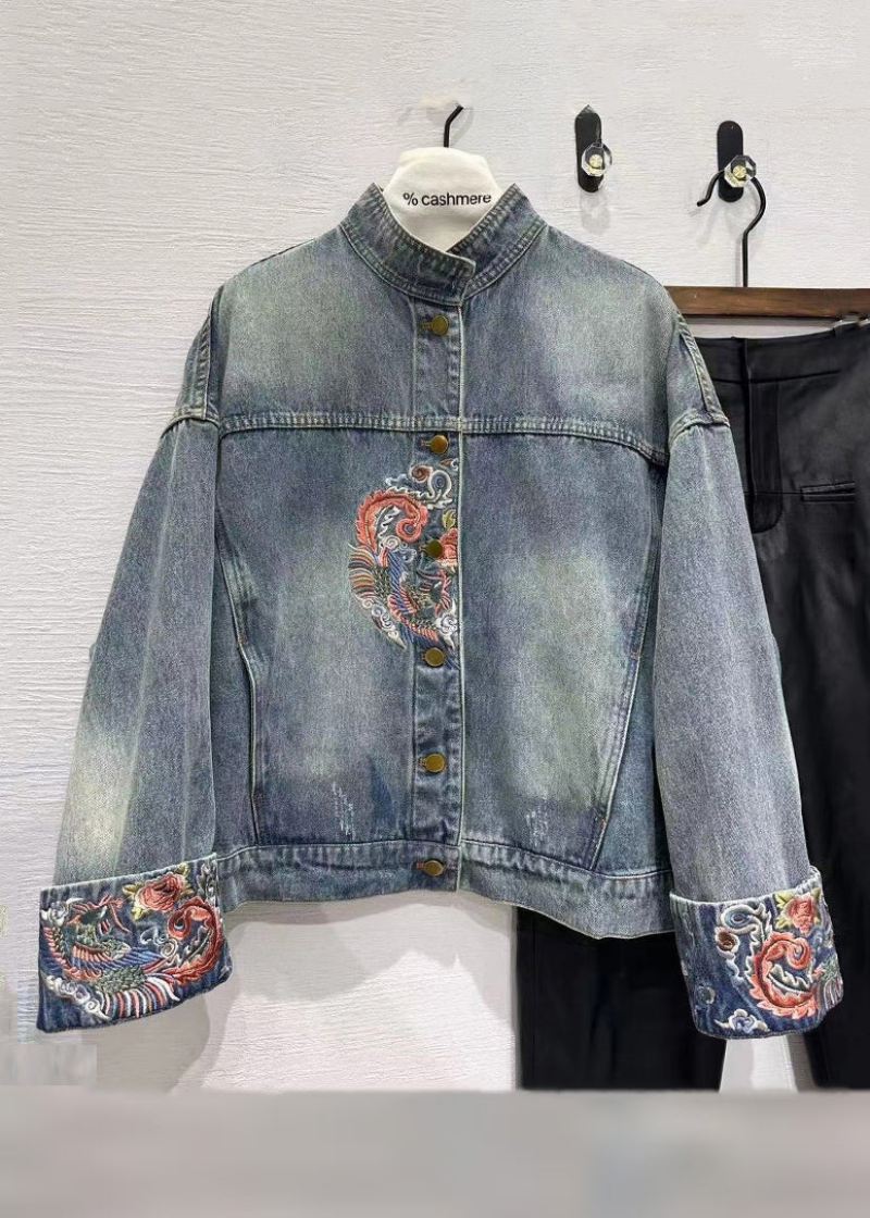 Fransk Blå Brodert Knapp Denim Kåper Vår - Vinterfrakker for kvinner