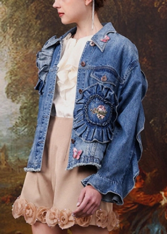 Fransk Blå Brodert Ruffled Patchwork Denim Coats Spring