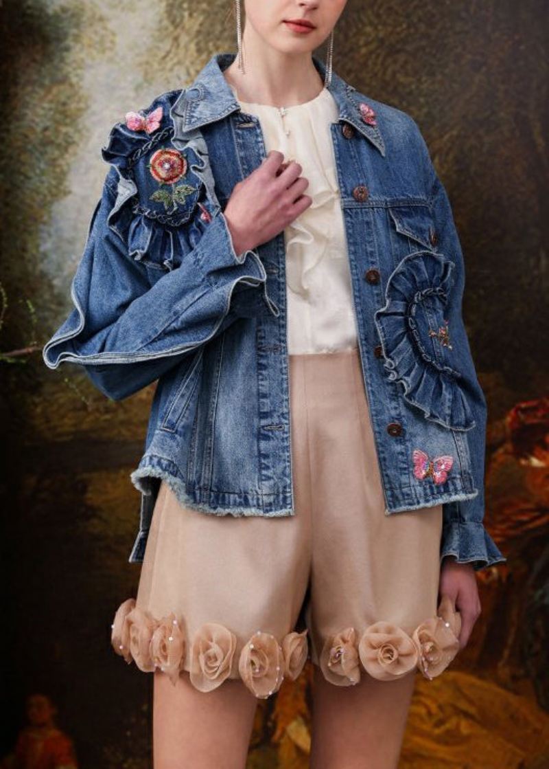 Fransk Blå Brodert Ruffled Patchwork Denim Coats Spring - Vinterfrakker for kvinner