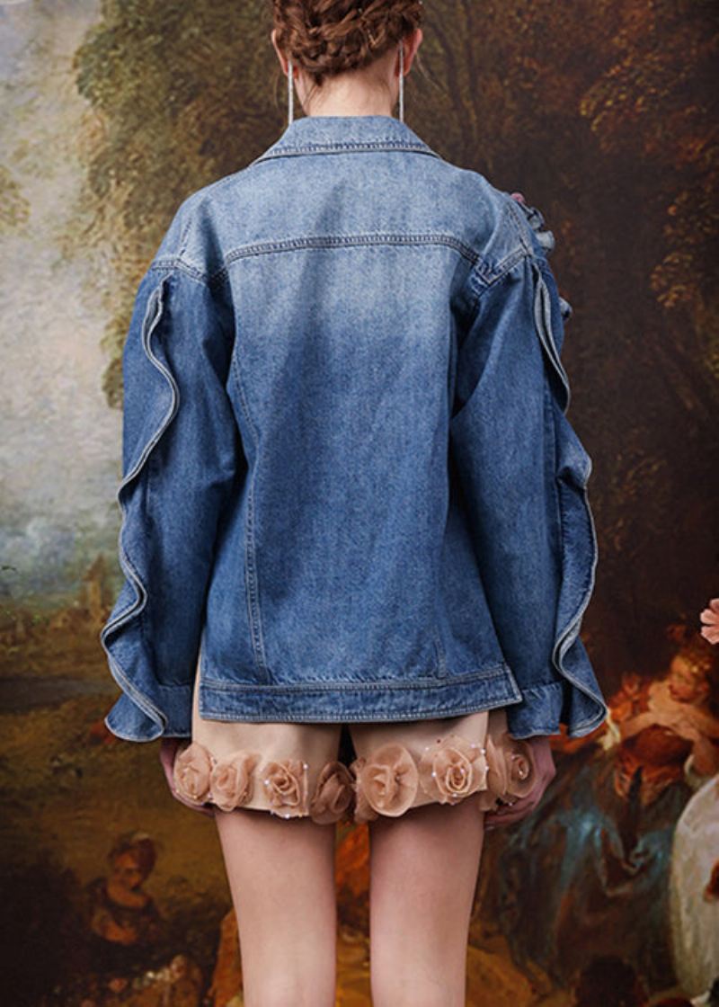 Fransk Blå Brodert Ruffled Patchwork Denim Coats Spring - Vinterfrakker for kvinner