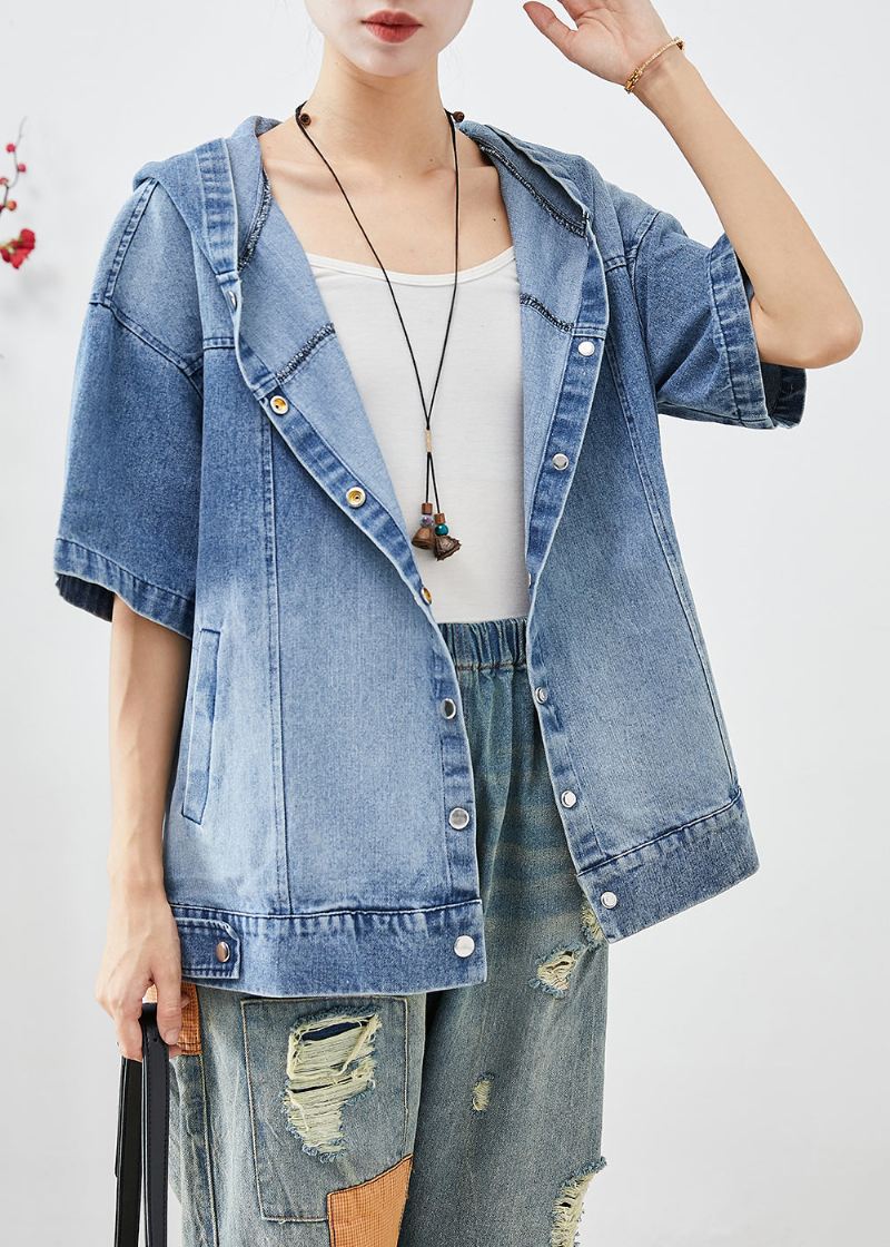 Fransk Blå Hette Oversized Denim Frakk Kort Ermet