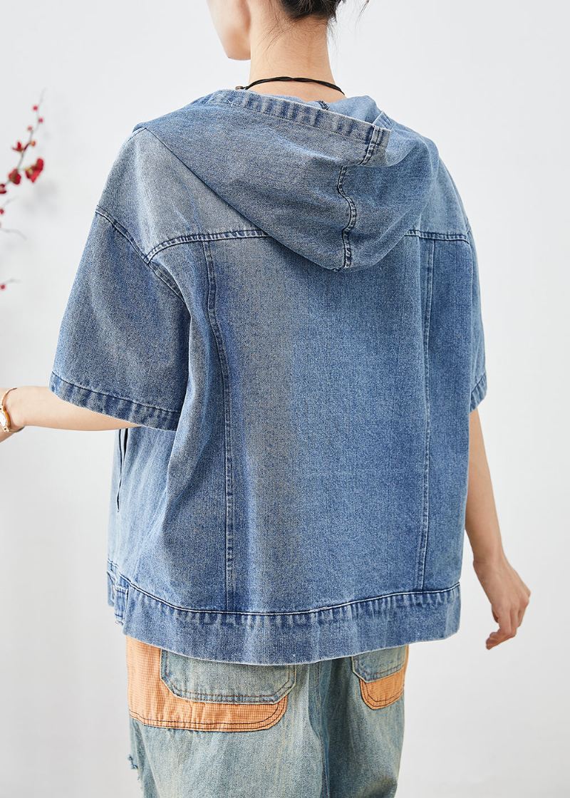 Fransk Blå Hette Oversized Denim Frakk Kort Ermet - Vinterfrakker for kvinner