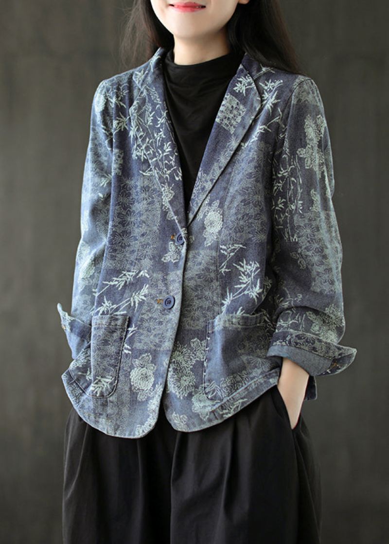 Fransk Blå Lommer Print Denim Coats Langermet