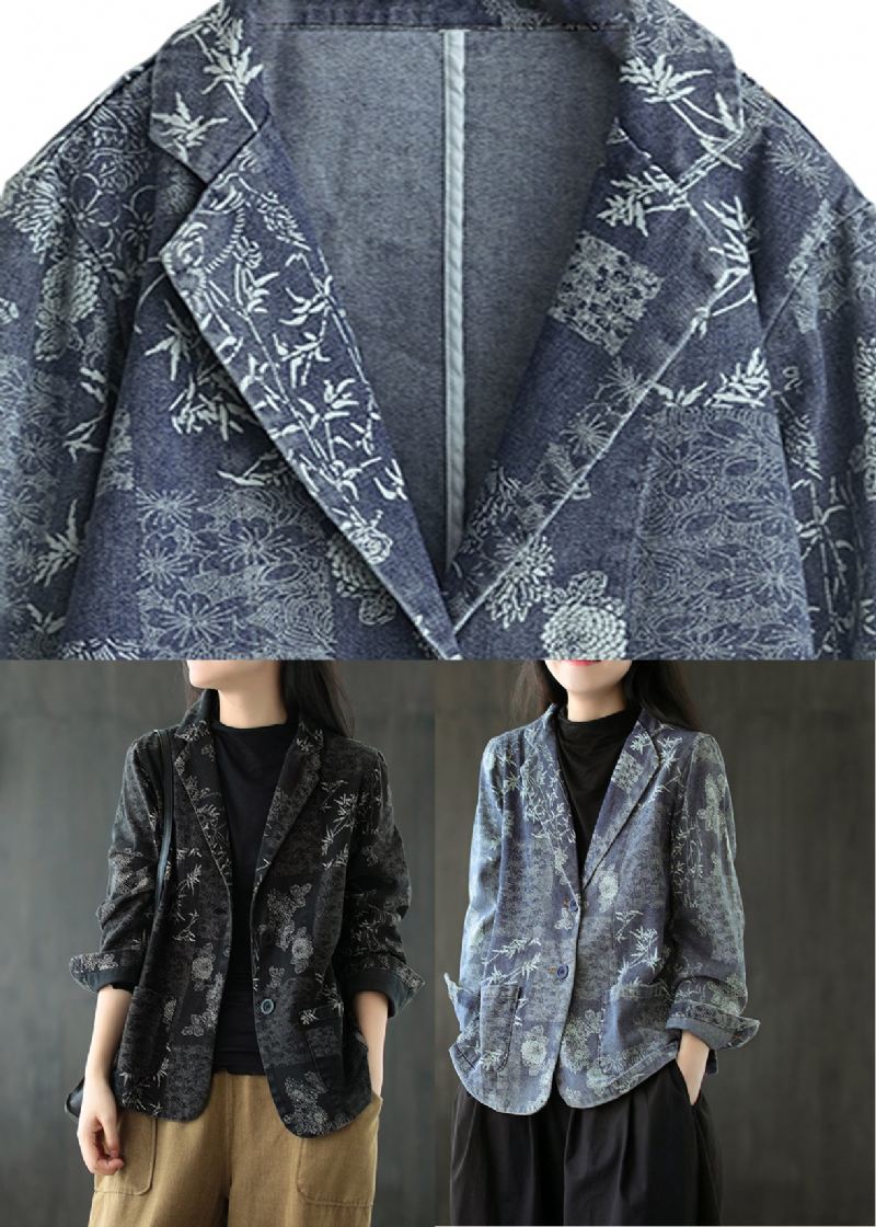 Fransk Blå Lommer Print Denim Coats Langermet - Blå