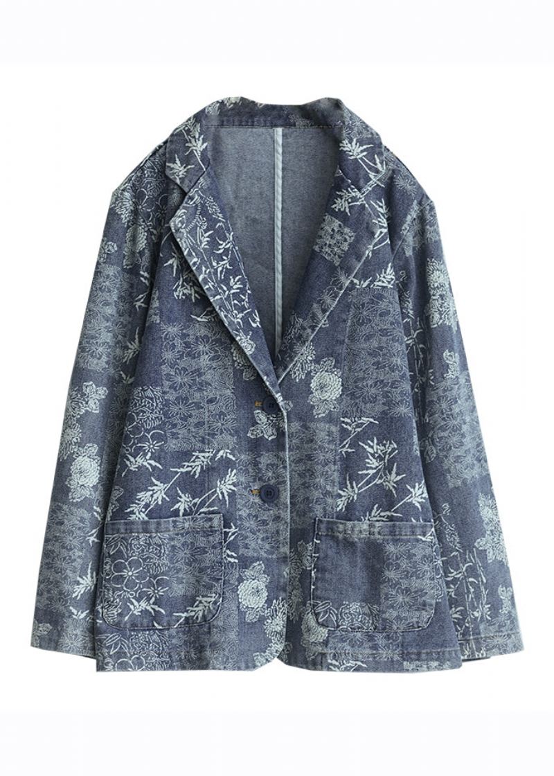 Fransk Blå Lommer Print Denim Coats Langermet - Blå