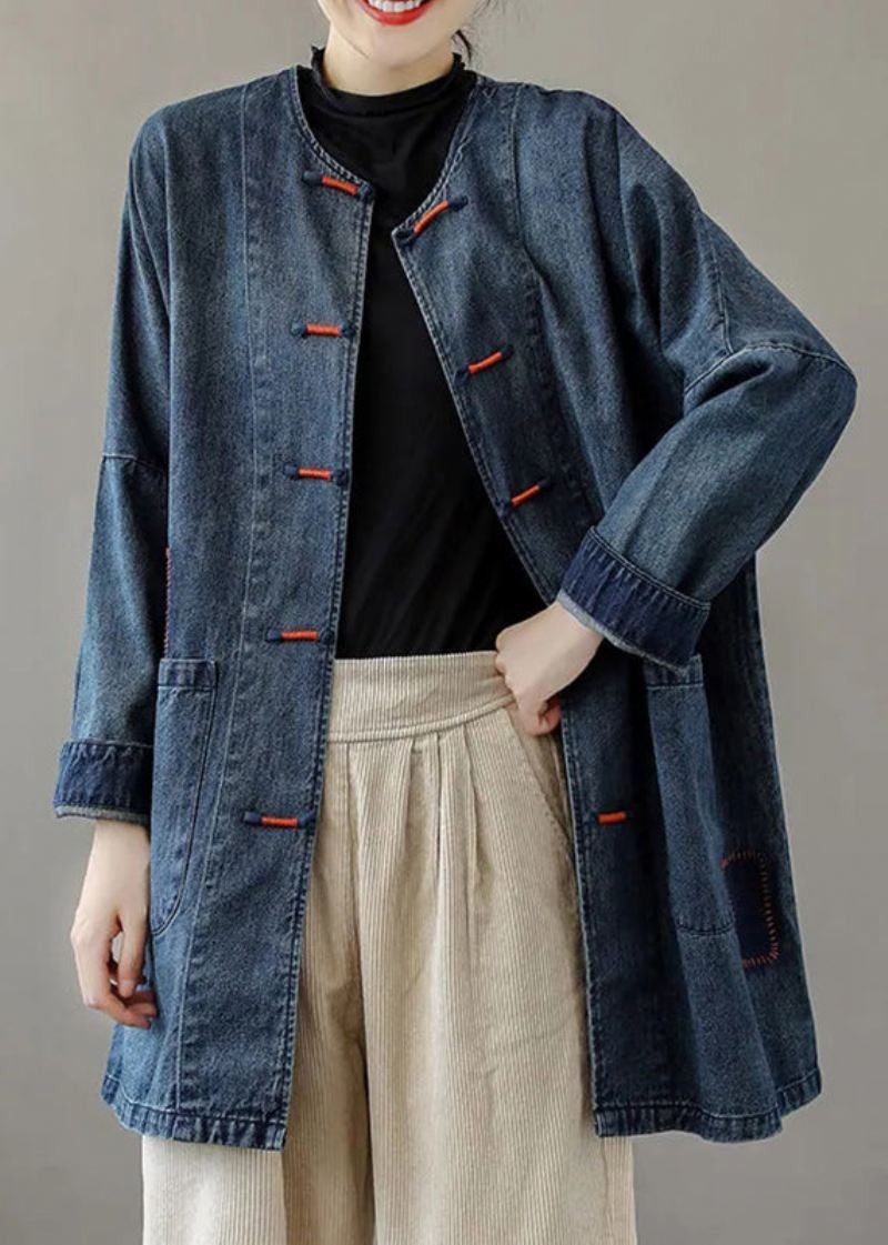 Fransk Blå O-hals Lommer Patchwork Denim Coats Langermet