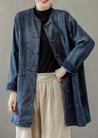 Fransk Blå O-hals Lommer Patchwork Denim Coats Langermet