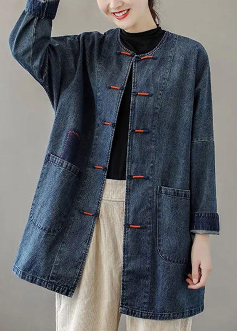 Fransk Blå O-hals Lommer Patchwork Denim Coats Langermet - Svart Grå