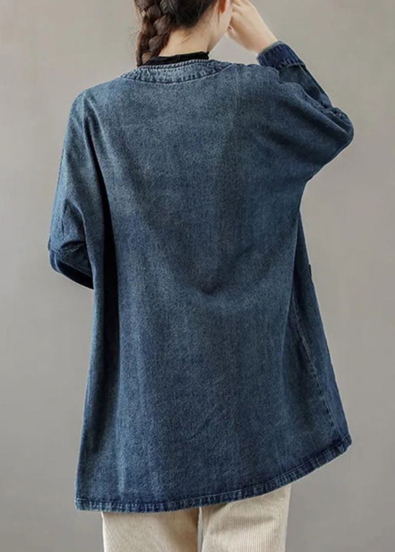 Fransk Blå O-hals Lommer Patchwork Denim Coats Langermet - Svart Grå