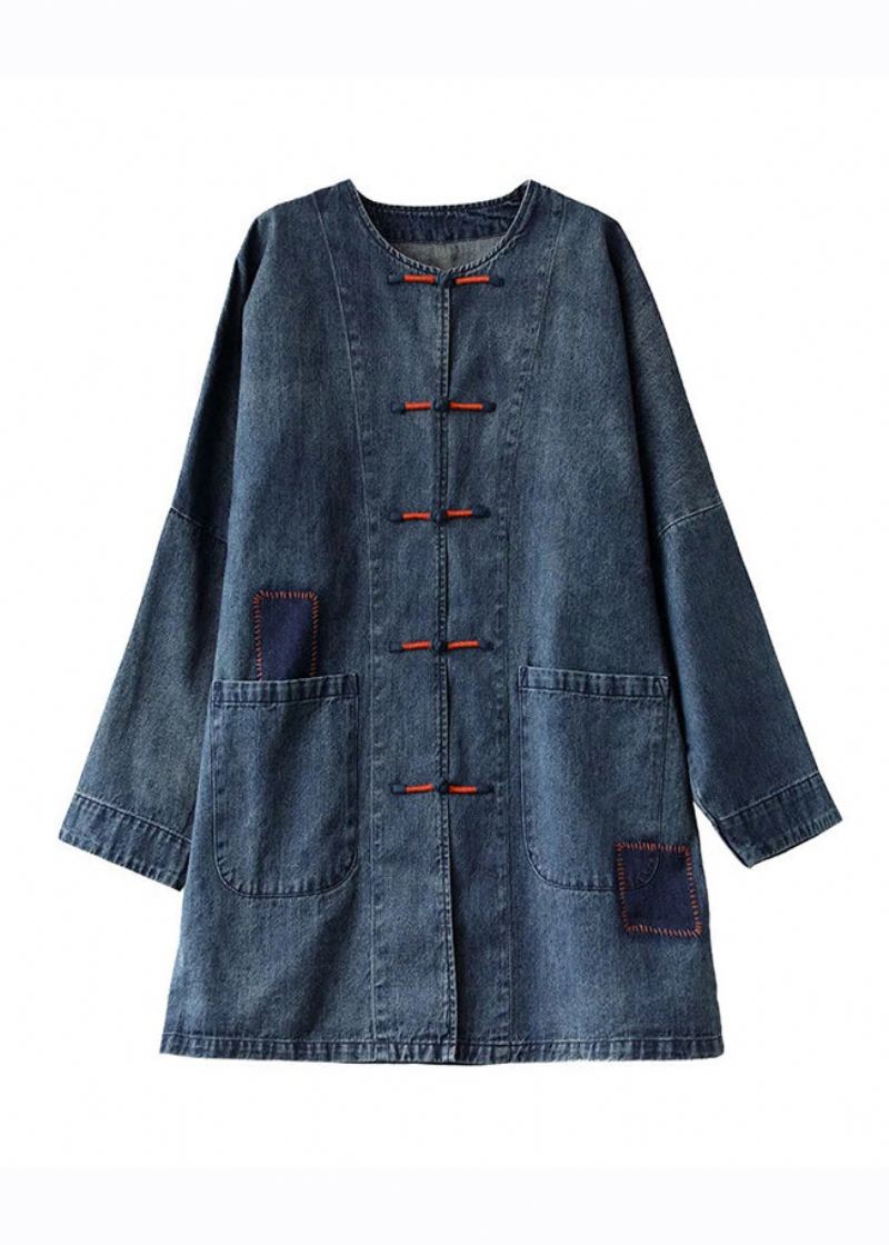 Fransk Blå O-hals Lommer Patchwork Denim Coats Langermet - Svart Grå