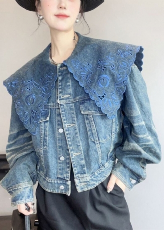 Fransk Blå Peter Pan Krage Hollow Out Denim Coat Spring