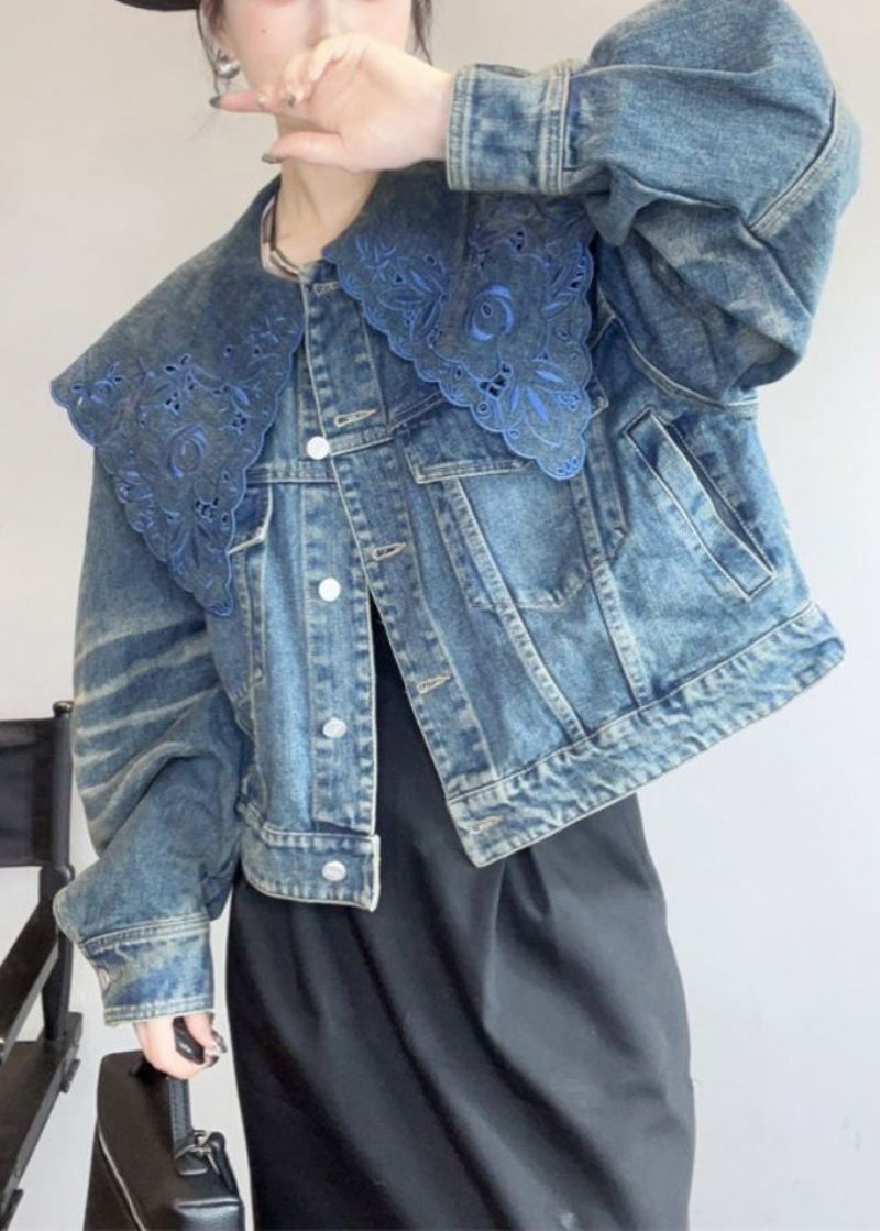 Fransk Blå Peter Pan Krage Hollow Out Denim Coat Spring - Vinterfrakker for kvinner