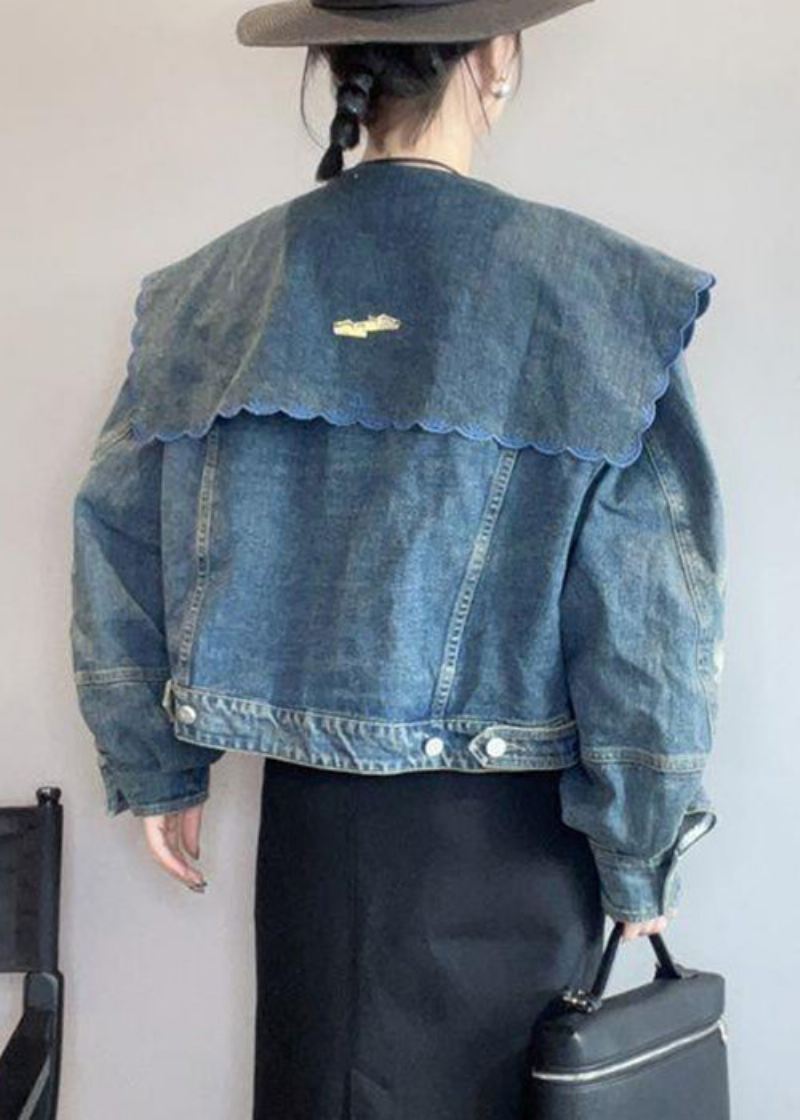 Fransk Blå Peter Pan Krage Hollow Out Denim Coat Spring - Vinterfrakker for kvinner