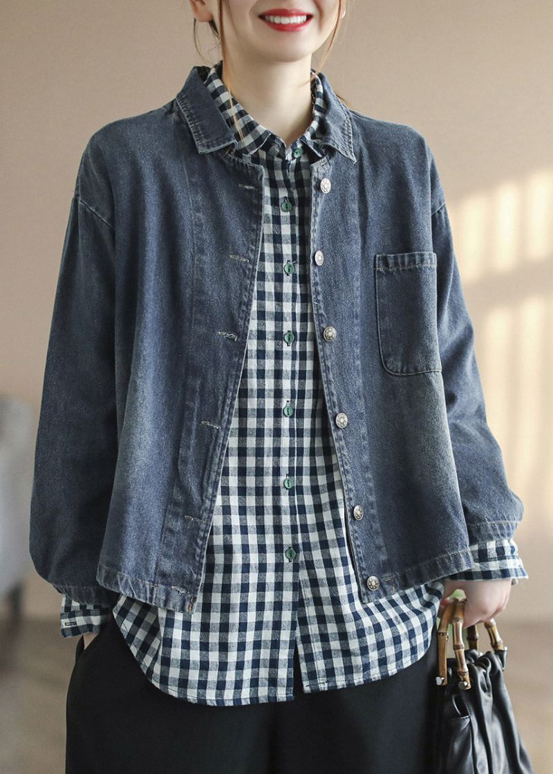 Fransk Blå Peter Pan Krage Patchwork Button Cotton Denim Coats Spring