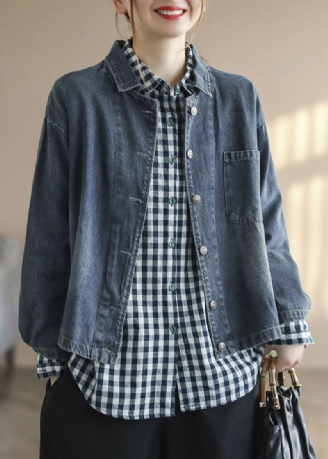 Fransk Blå Peter Pan Krage Patchwork Button Cotton Denim Coats Spring