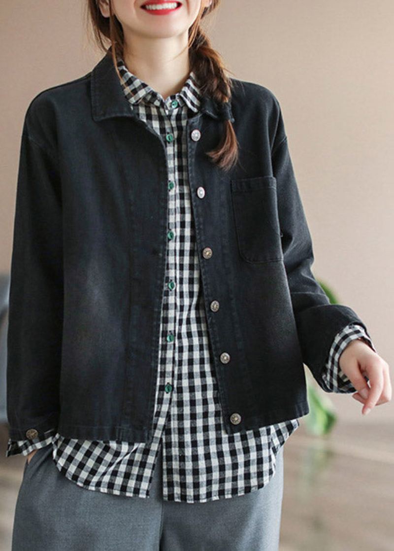 Fransk Blå Peter Pan Krage Patchwork Button Cotton Denim Coats Spring - Blå