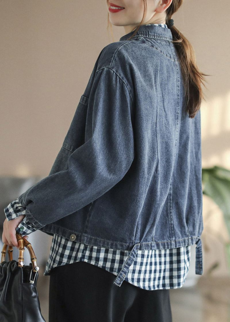 Fransk Blå Peter Pan Krage Patchwork Button Cotton Denim Coats Spring - Blå