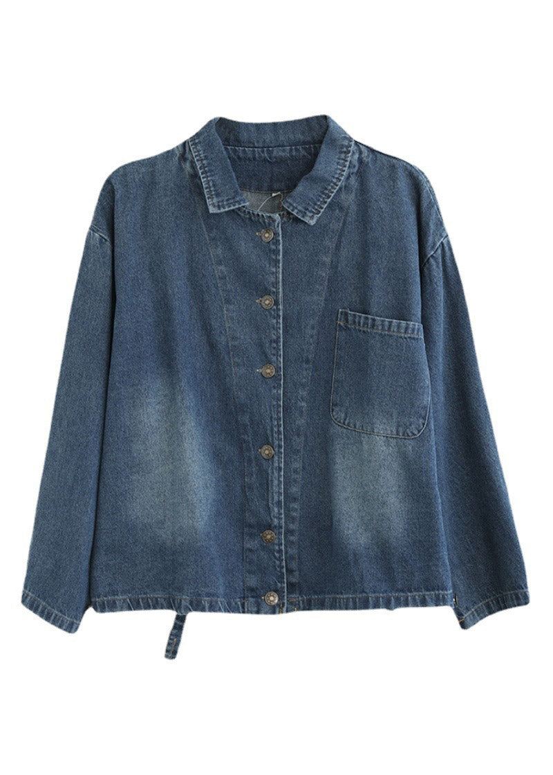 Fransk Blå Peter Pan Krage Patchwork Button Cotton Denim Coats Spring - Blå