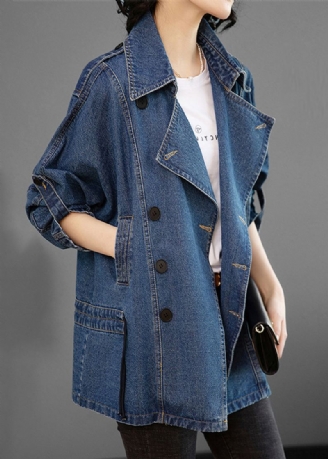 Fransk Blå Peter Pan Krage Patchwork Button Denim Coats Langermet