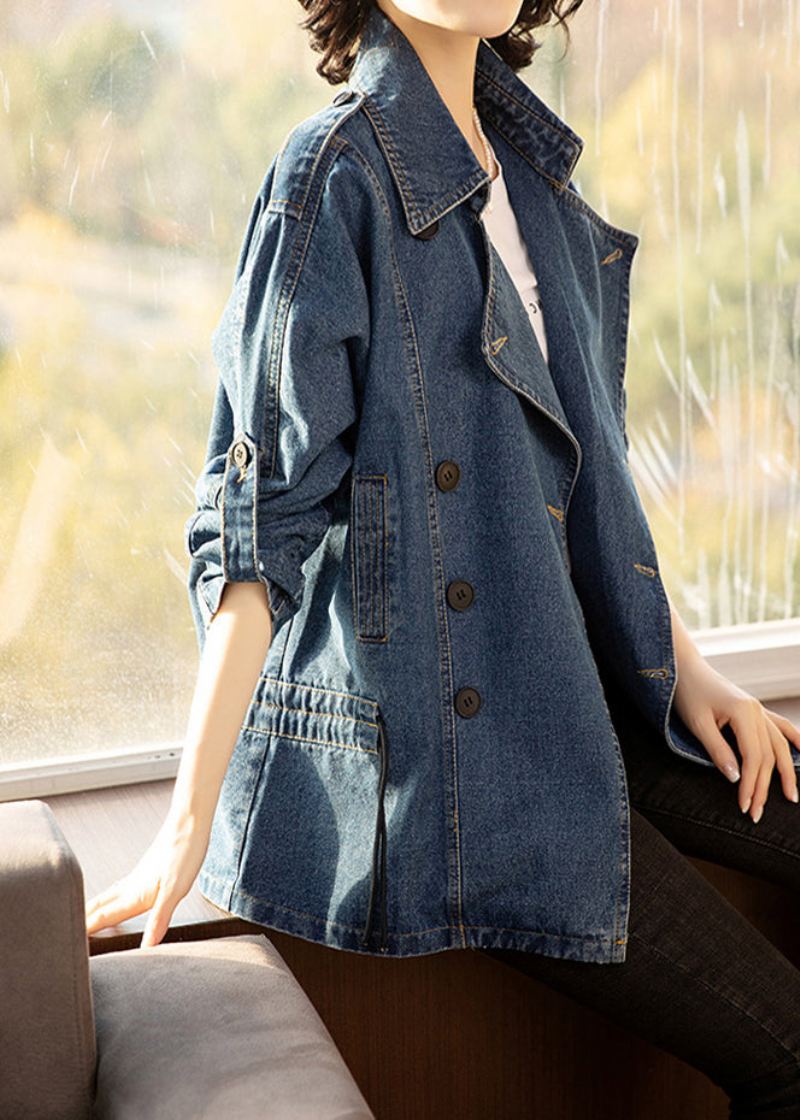 Fransk Blå Peter Pan Krage Patchwork Button Denim Coats Langermet - Vinterfrakker for kvinner