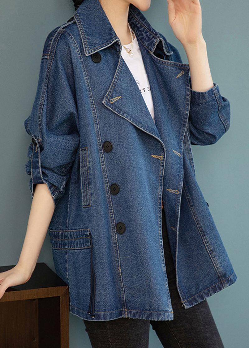 Fransk Blå Peter Pan Krage Patchwork Button Denim Coats Langermet - Vinterfrakker for kvinner