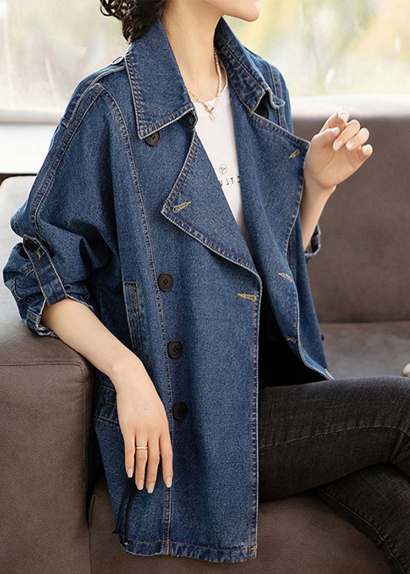 Fransk Blå Peter Pan Krage Patchwork Button Denim Coats Langermet - Vinterfrakker for kvinner