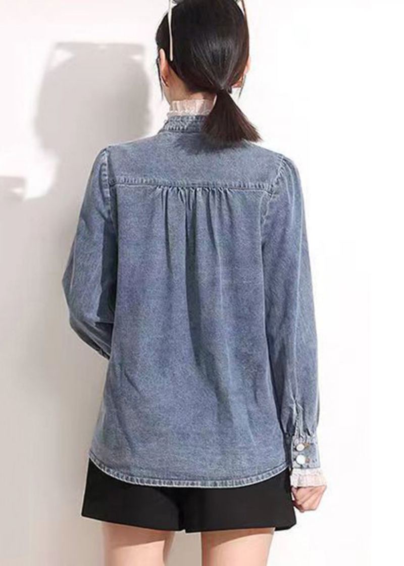 Fransk Blå Stativ Krage Asymmetrisk Patchwork Blonder Bomull Denim Kåper Lang Ermet - Vinterfrakker for kvinner