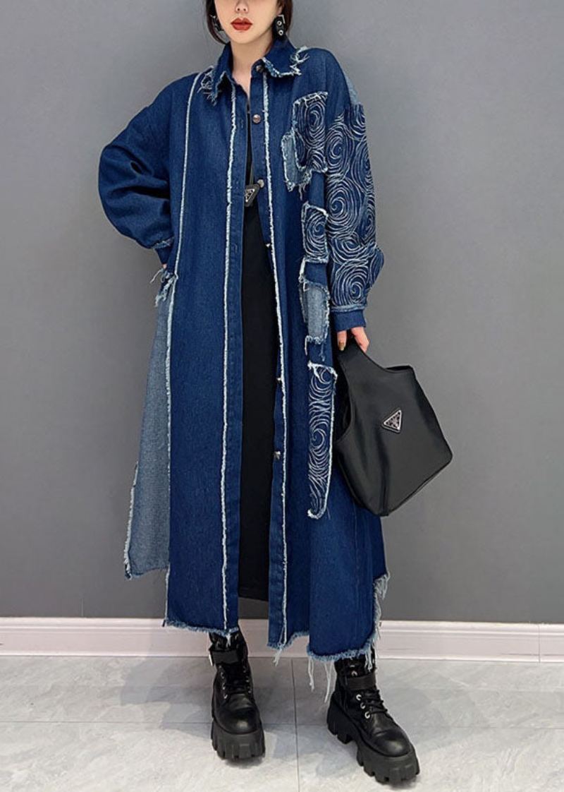 Fransk Blå Turn-down Krage Patchwork Denim Stoff Coat Spring