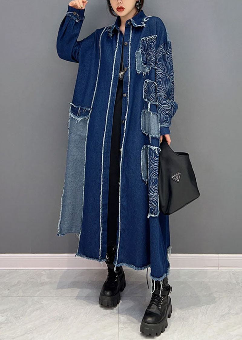 Fransk Blå Turn-down Krage Patchwork Denim Stoff Coat Spring - Vinterfrakker for kvinner