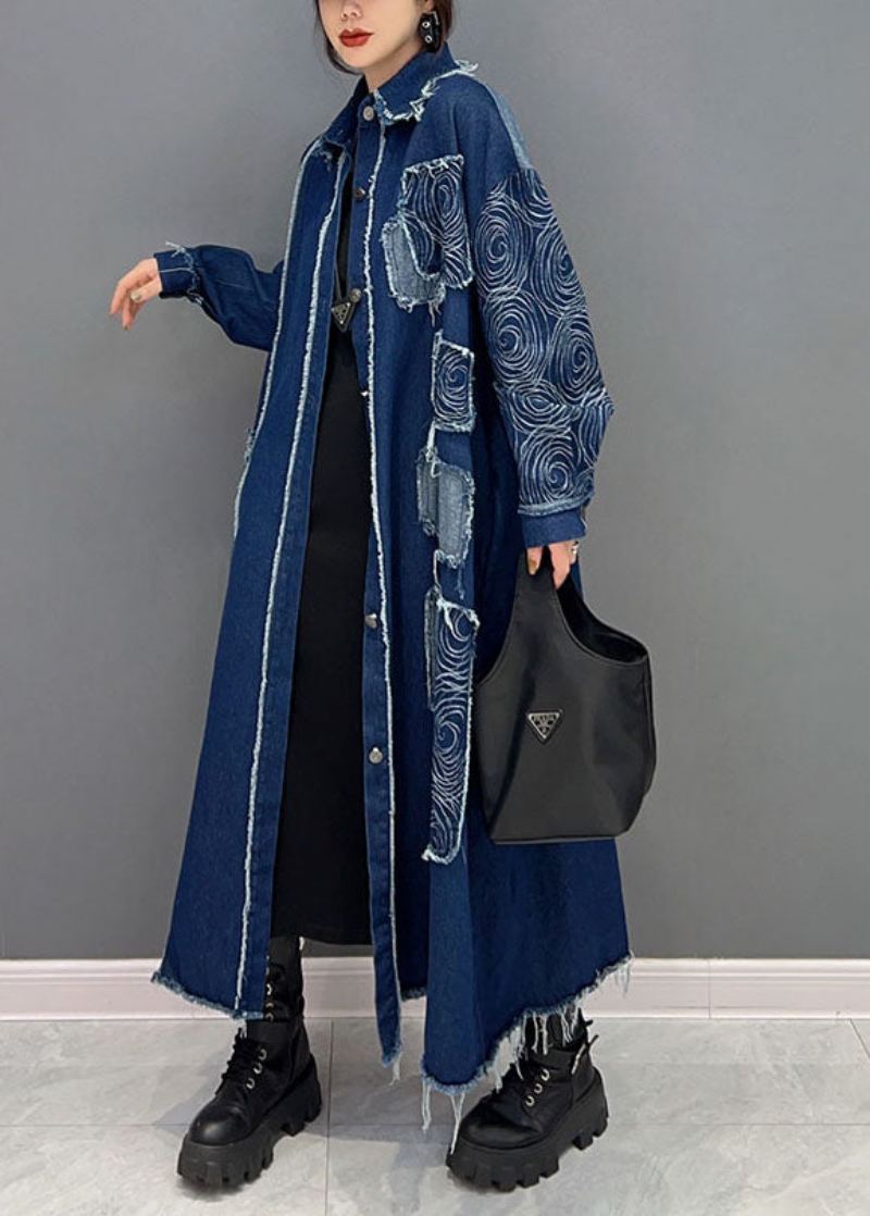 Fransk Blå Turn-down Krage Patchwork Denim Stoff Coat Spring - Vinterfrakker for kvinner