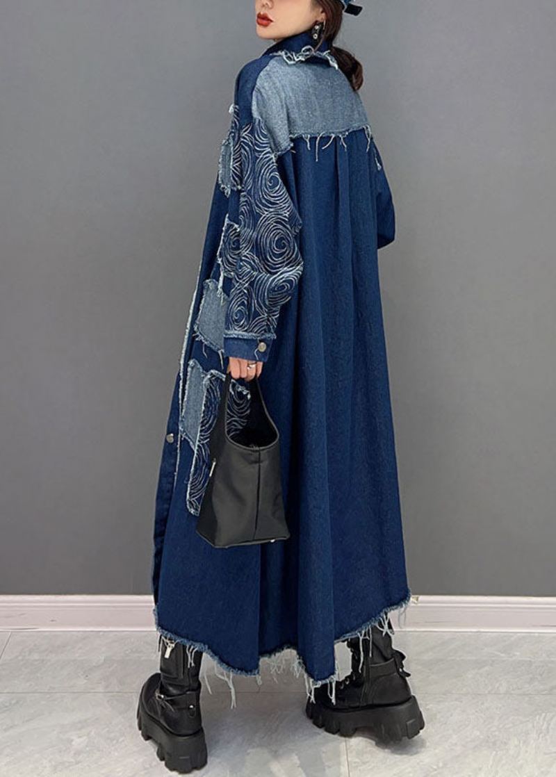 Fransk Blå Turn-down Krage Patchwork Denim Stoff Coat Spring - Vinterfrakker for kvinner