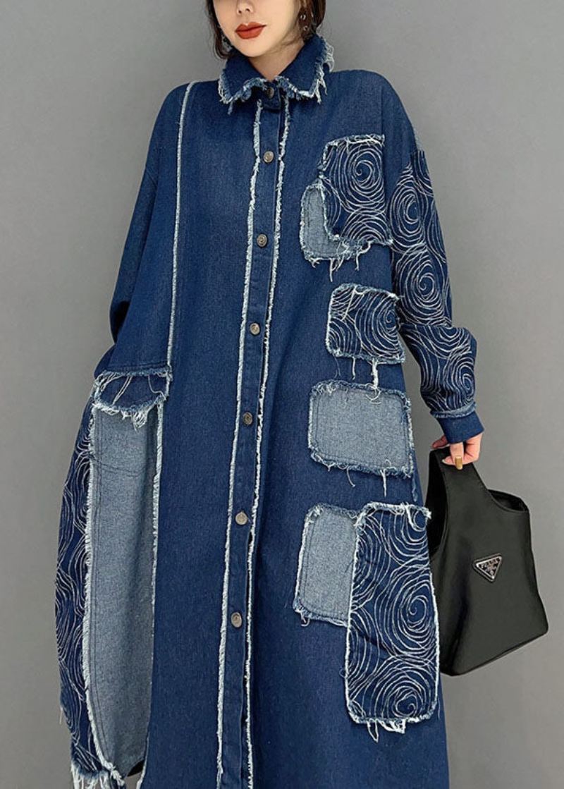 Fransk Blå Turn-down Krage Patchwork Denim Stoff Coat Spring - Vinterfrakker for kvinner