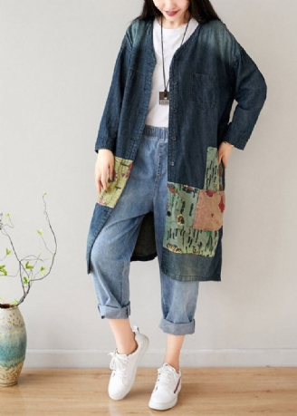 Fransk Blå V-halslommer Patchwork Denimkåper Vår