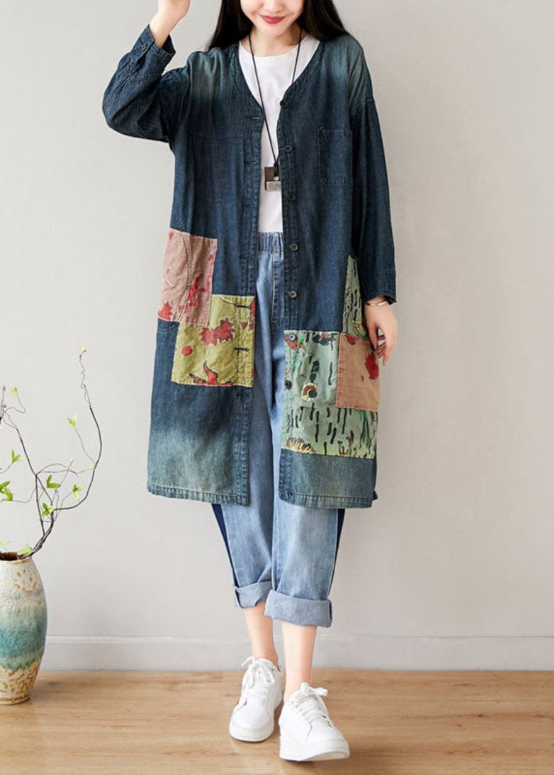 Fransk Blå V-halslommer Patchwork Denimkåper Vår - Vinterfrakker for kvinner