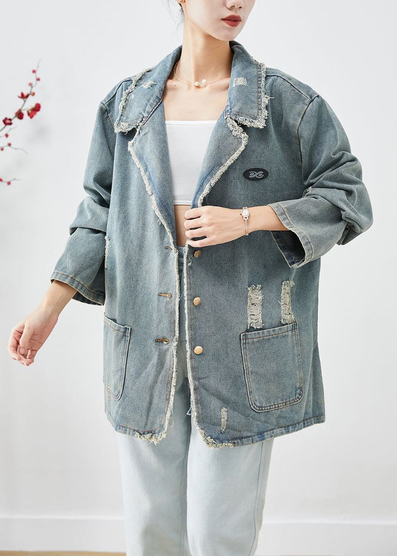 Fransk Blågrå Overdimensjonerte Lommer Denim Ripped Coat Outwear Fall