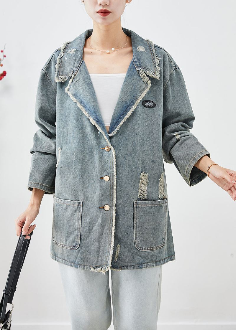 Fransk Blågrå Overdimensjonerte Lommer Denim Ripped Coat Outwear Fall - Vinterfrakker for kvinner