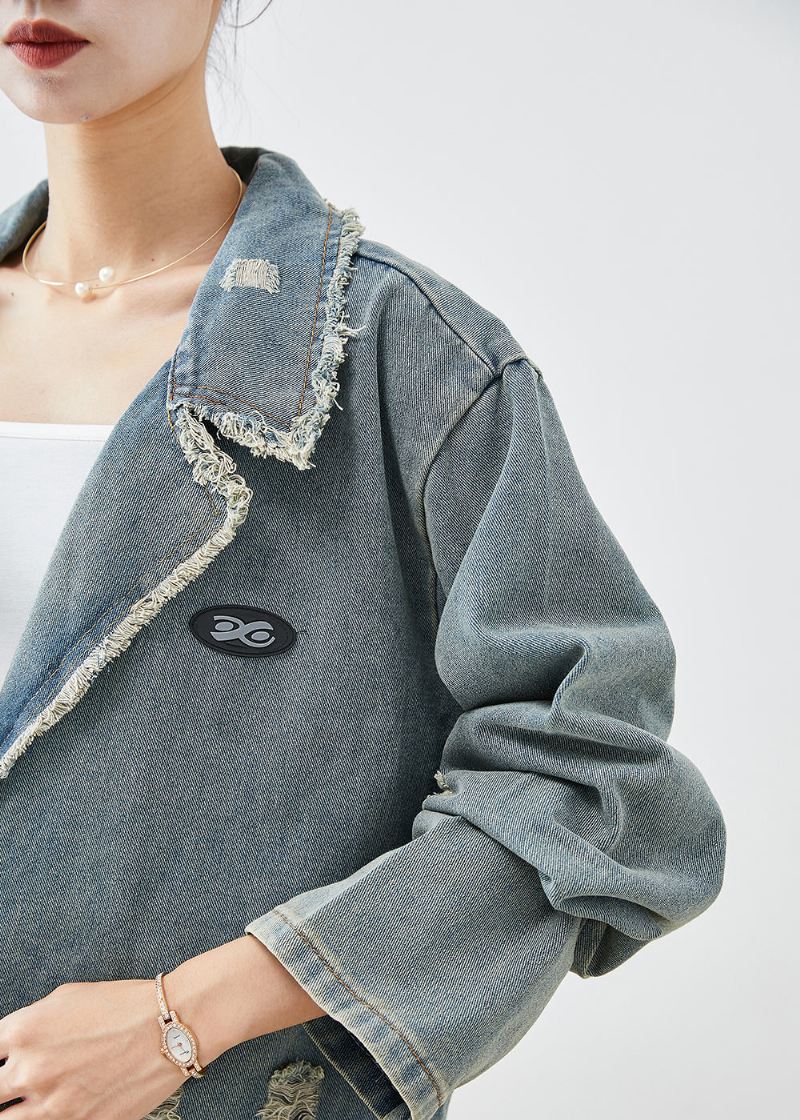 Fransk Blågrå Overdimensjonerte Lommer Denim Ripped Coat Outwear Fall - Vinterfrakker for kvinner