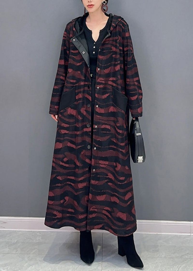 Fransk Brun Hette Print Button Cotton Lang Trench Coat Fall - Vinterfrakker for kvinner